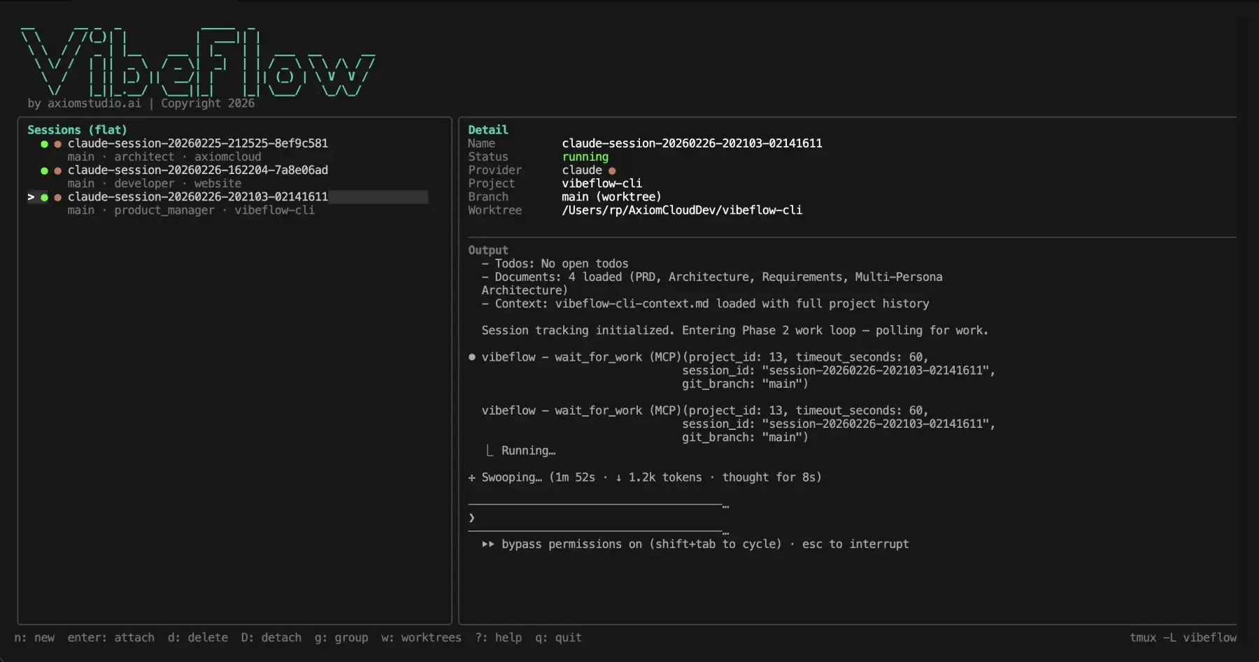 VibeFlow CLI: multi-session terminal with live output and keyboard shortcuts